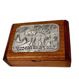 Wooden Elephant Box with Tin Stamped Elephant Trees Grass 4.75" x 3.25" x 1.5"